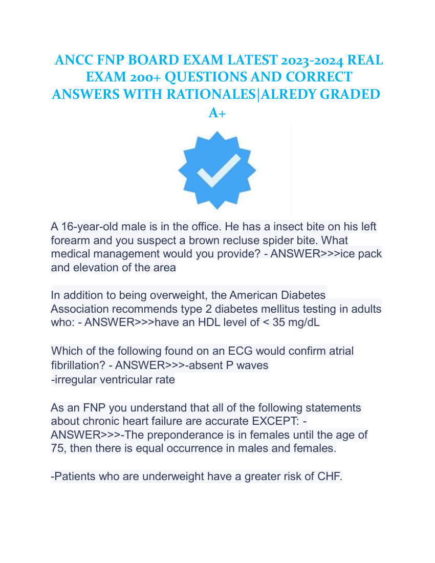 ANCC FNP BOARD EXAM LATEST 2023-2024 REAL EXAM 200+ QUESTIONS AND CORRECT ANSWERS WITH RATIONALES|ALREDY GRADED A+
