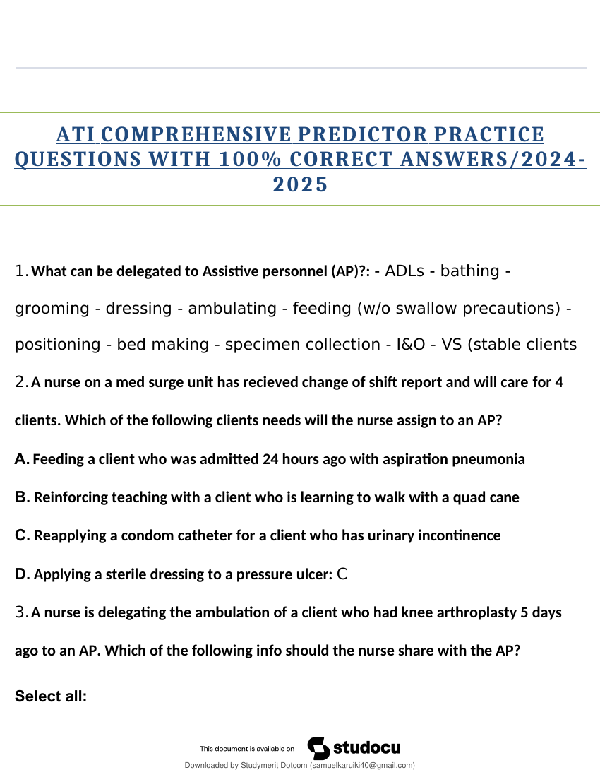RN COMPREHENSIVE RETAKE GREENLIGHT PREDICTOR LATEST 2024 EXAM COMPLETE WITH VERIFIED ANSWERS