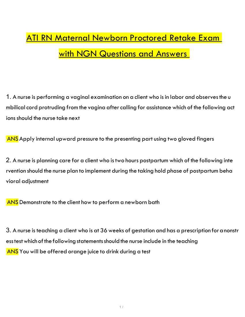 ATI RN Maternal Newborn Proctored 2023 Retake Exam with NGN Version 2