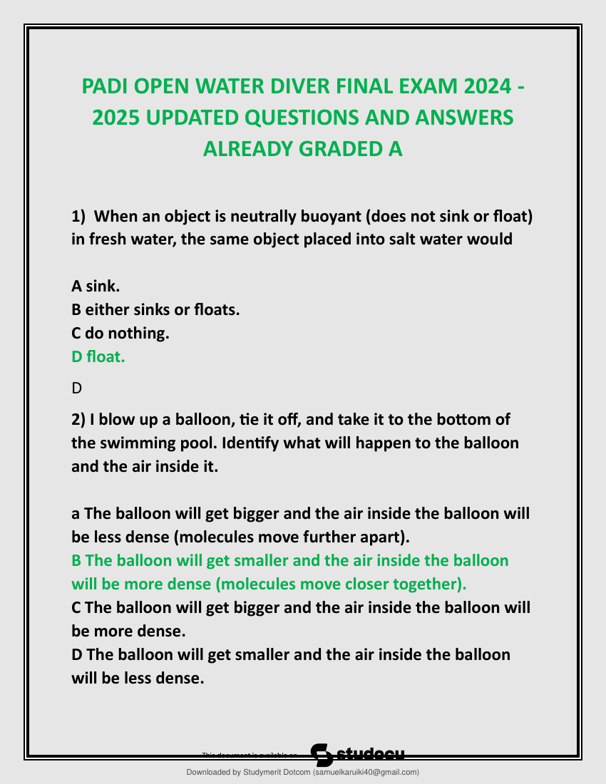 NAUI Diver Master Exam (New 2024/ 2025 Update) Questions and Verified Answers| 100% Correct| A Grade