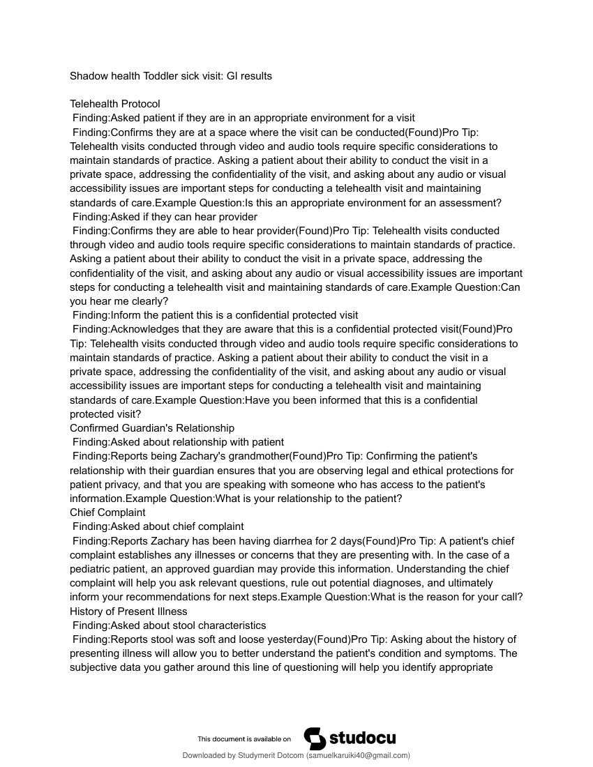 Shadow health 108 tx plan toddler sick visit gastrointestinal zachary lafontaine 30 months old