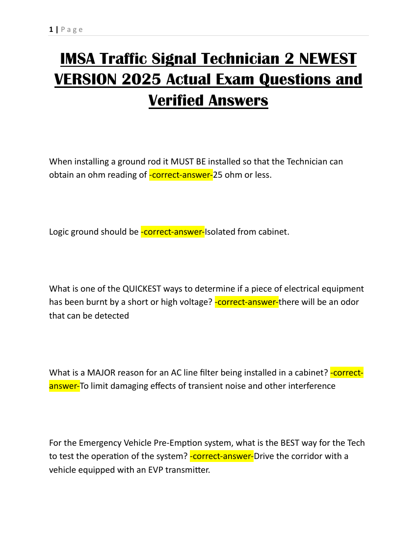 IMSA Traffic Signal Technician Level I & II (New 2024/ 2025 Updates BUNDLED TOGETHER) Questions and Verified Answers| Grade A| 100% Correct