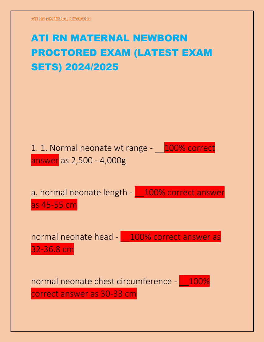 ATI RN MATERNAL NEWBORN PROCTORED EXAM (LATEST EXAM SETS) 2024/2025