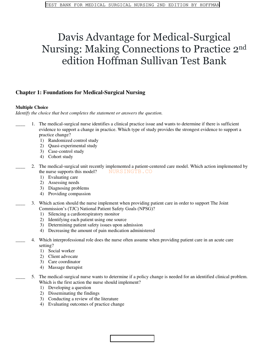 Test bank Davis Advantage for Medical-Surgical Nursing: Making Connections to Practice 3rd Edition by Hoffman PDF A