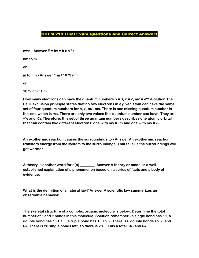 CHEM 219 Final Exam Questions And Correct Answers