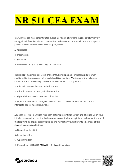NR 511 CEA Exam | Chamberlain University | 2025 | Actual Exam Questions with Verified Answers