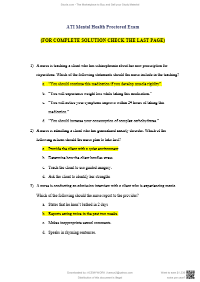 ATI Mental Health Proctored Exam 2025 100% CORRECT.