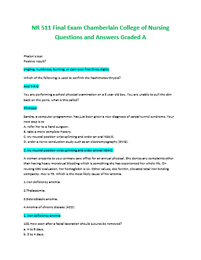 Nr 511 final exam chamberlain college of nursing questions and answers graded A