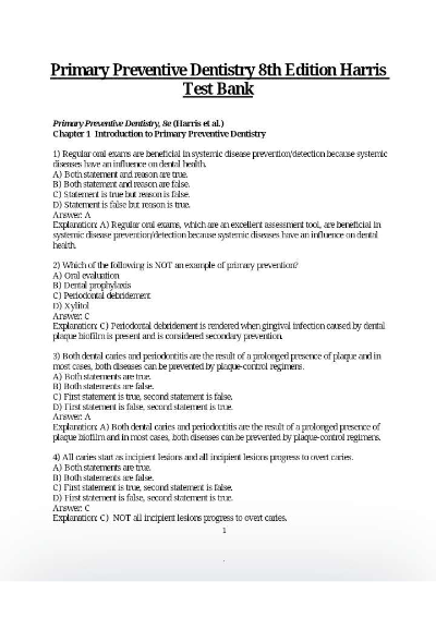 Complete Test Bank Primary Preventive Dentistry 8th Edition Harris Questions & Answers with rationales (Chapter 1-28)