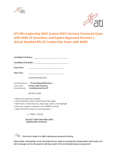 ATI RN Leadership Proctored Exam 2023-2026 with NGN (70 and Answers) - Complete for RN Leadership 2025