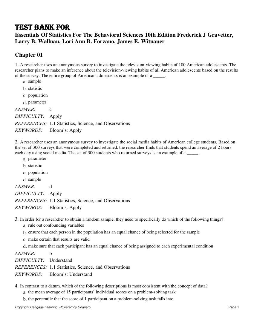 Test bank for essentials of statistics for the behavioral sciences 10th edition frederick j gravetter larry b wallnau lori...