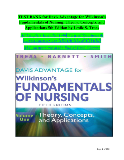 Test bank for davis advantage for wilkinson s fundamentals of nursing theory concepts and applications 5th edition by lesl