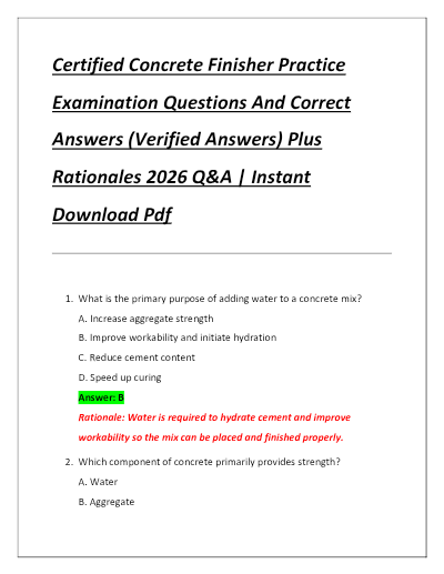 Certified concrete finisher practice examination questions and correct answers
