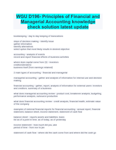 Wgu d196 principles of financial and managerial accounting knowledge check solution latest update