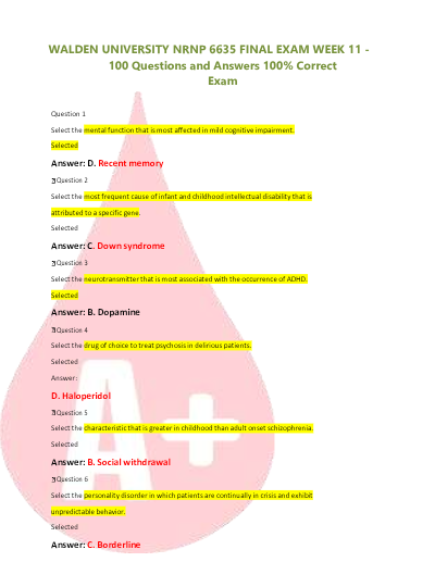 Walden university nrnp 6635 final exam week 11 100 questions and answers 100 correct exam