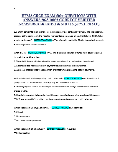 HFMA CRCR EXAM 500+ QUESTIONS WITH ANSWERS 2025,100% CORRECT VERIFIED ANSWERS ALREADY GRADED A (2025 UPDATE)