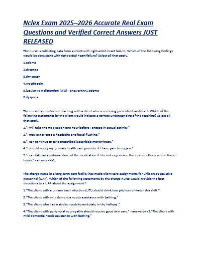 Nclex exam 2025 2026 accurate real exam questions and verified correct answers just released