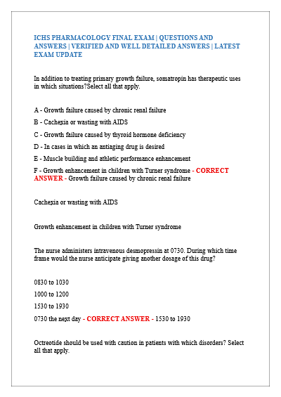 ICHS PHARMACOLOGY FINAL EXAM | QUESTIONS AND ANSWERS | VERIFIED AND WELL DETAILED ANSWERS | LATEST EXAM UPDATE