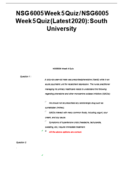 NSG 6005 Week 5 Quiz NSG6005 Week  5 Quiz Latest 2026 South University