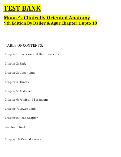 Test Bank for Moore’s Clinically Oriented Anatomy 9th Edition by Dalley | All Chapters Covered