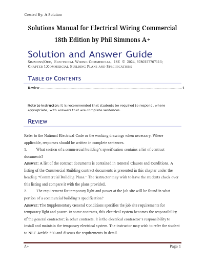 Solution Manual for Electrical Wiring Commercial, 18th Edition by Phil Simmons