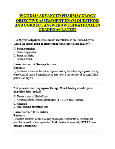 Wgu d116 advanced pharmacology objective assessment exam questions and correct answers with rationales graded a