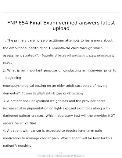 FNP654/FNP 654 (LATEST 2026/2027 UPDATE) FAMILY PRIMARY CARE II EXAM REVIEW| QUESTIONS AND VERIFIED ANSWERS| 100% CORRECT| GRADE A - GCU