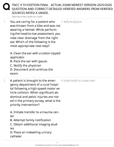 TNCC 9 TH EDITION FINAL   ACTUAL EXAM NEWEST VERSION 2025/2026  QUESTION AND CORRECT DETAILED VERIFIED ANSWERS FROM VERIFIED SOURCES RATED A GRADE