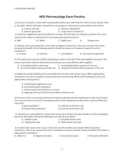 HESI Pharmacology Exam Practice Questions