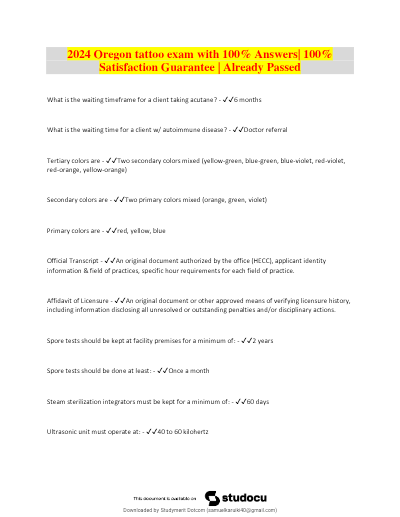 Tattoo License Exam | ACTUAL EXAM 2025 LATEST UPDATED | COMPLETE QUESTIONS WITH 100% RATED CORRECT Graded A question and answers