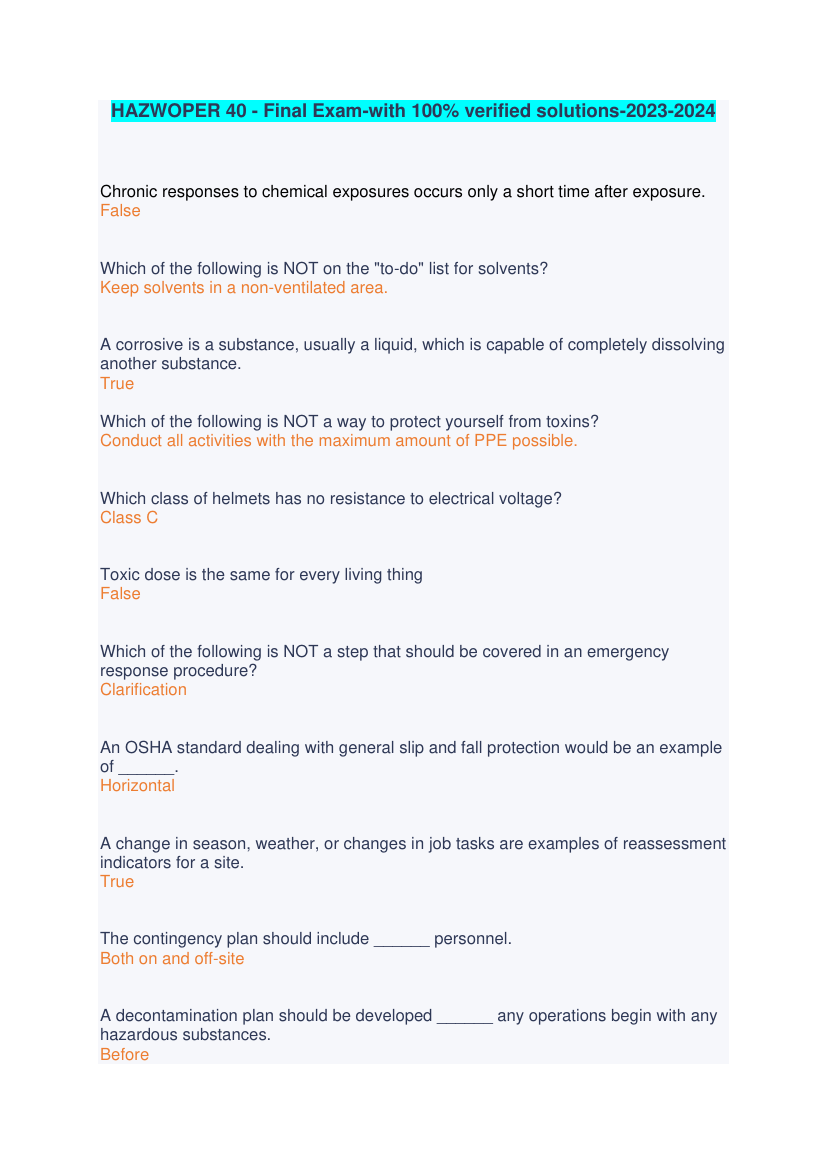 HAZWOPER 40 - Final Exam (2023-2024 Updated) /Verified Questions And Answers