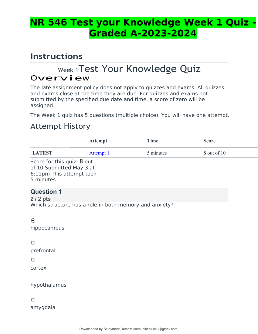 NR 546 WEEK 1 Quiz TO Week 6 Quiz with Accurate answers