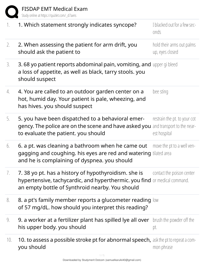 EMT FISDAP EMT READINESS EXAM 4 RECENT AND COMPLETE VERSION ALL 250 QUESTIONS AND CORRECT ANSWERS/ BEST GRADED A+
