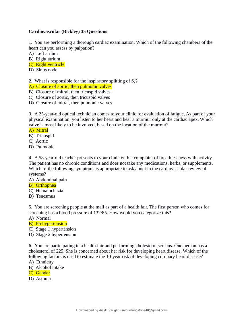 NSG 6020 Week 4 Cardiac Study Guide