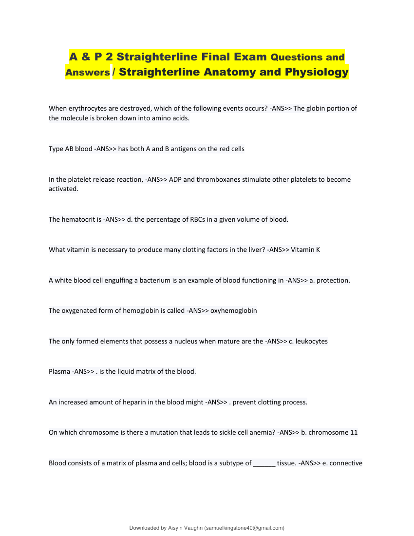 Straighterline AP2 Anatomy and Physiology 2 BIO202 Final Proctored Exam DONE APRIL 2026(QUESTIONS 1 – 60)