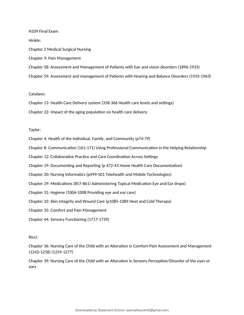 NUR 109 FINAL exam