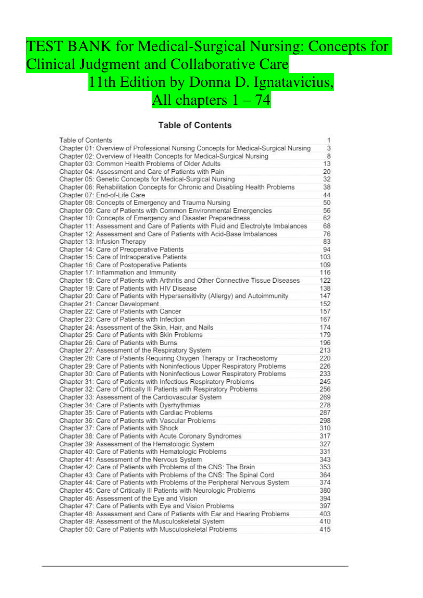 Test Bank for Medical-Surgical Nursing: Concepts for Clinical Judgment and Collaborative Care 11th Edition by Donna D. Ignatavicius, All chapters 1 - 74, A+ guide.