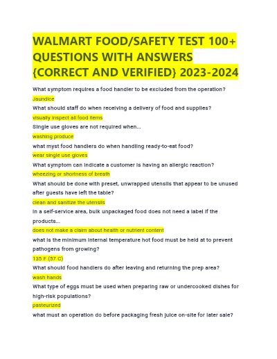 Walmart Food/Safety Test Questions With 100% Correct Answers!!
