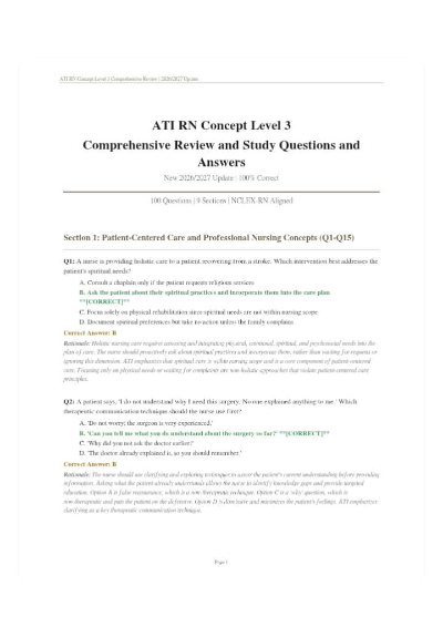 ATI RN CONCEPT LEVEL 3 REVIEW 2026/2027 | Comprehensive Q&A | New Update | 100% Correct | Pass Guaranteed - A+ Graded