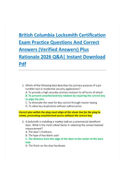 British Columbia Locksmith Certification Exam Practice Questions And Correct Answers (Verified Answers) Plus Rationale 2026 Q&A| Instant Download Pdf