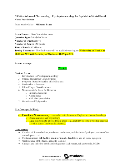 NR 546 Advanced Pharmacology Psychopharmacology Midterm Exam Review