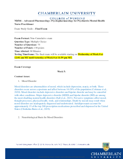 NR546 / NR 546 Final Exam Advanced Pharmacology Psychopharmacology