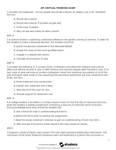 ATI CRITICAL THINKING ENTRANCE/EXIT EXAM 2026/2027| 40 Questions in 40 Minutes | Answe