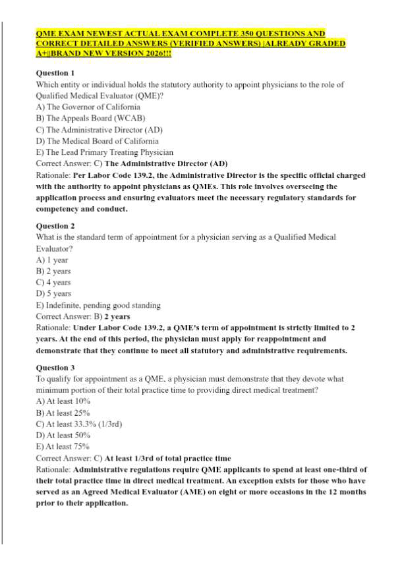 QME EXAM NEWEST ACTUAL EXAM COMPLETE 350 QUESTIONS AND CORRECT DETAILED ANSWERS (VERIFIED ANSWERS) |ALREADY GRADED A+||BRAND NEW VERSION 2026!!!