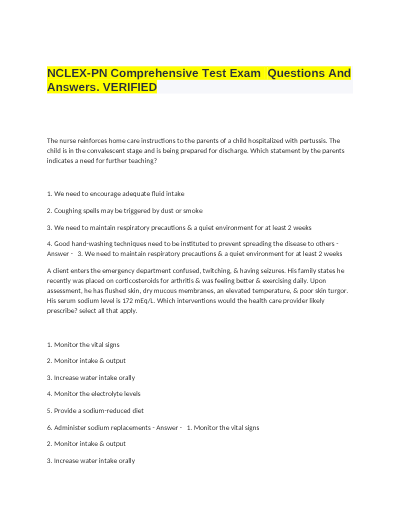 NCLEX-PN Comprehensive Test Exam Questions And Answers VERIFIED