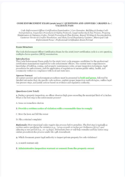 Code Enforcement Exam (2026/2027) Municipal Code Enforcement — Certification Exam Q&A