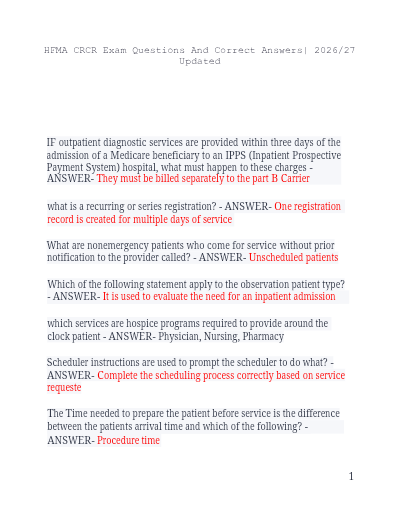 HFMA CRCR Exam Questions And Correct Answers| 2026/27 Updated