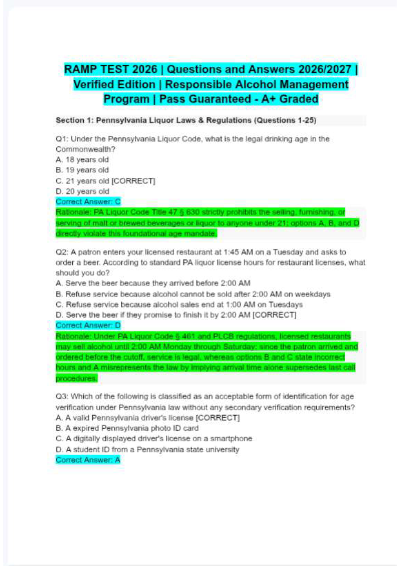 RAMP TEST 2026 | Questions and Answers 2026/2027| Verified Edition | Responsible Alcohol Management