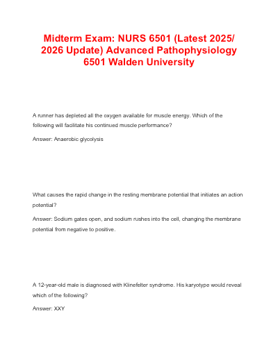 NURS 6501 Advanced Pathophysiology Exam Questions And Answers 2025/2026 (Walden University)
