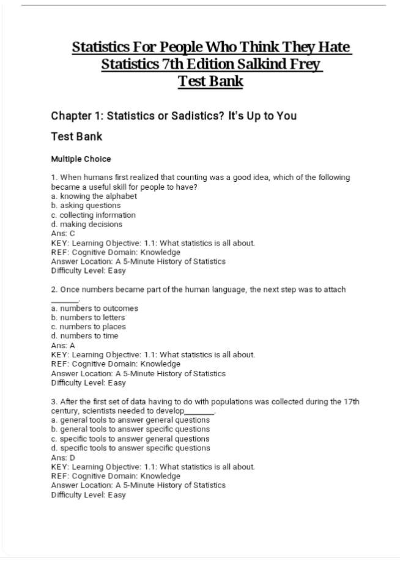 Test Bank for Statistics For People Who Think They Hate Statistics 7th Edition Salkind Frey / All Chapters 1-19 / Full Complete